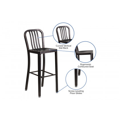 BLNK Gael Commercial Metal Indoor-Outdoor Bar Stool with Vertical Slat Back - Black/Antique Gold