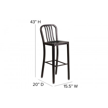 BLNK Gael Commercial Metal Indoor-Outdoor Bar Stool with Vertical Slat Back - Black/Antique Gold