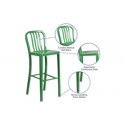 BLNK Gael Commercial Metal Indoor-Outdoor Bar Stool with Vertical Slat Back - Green
