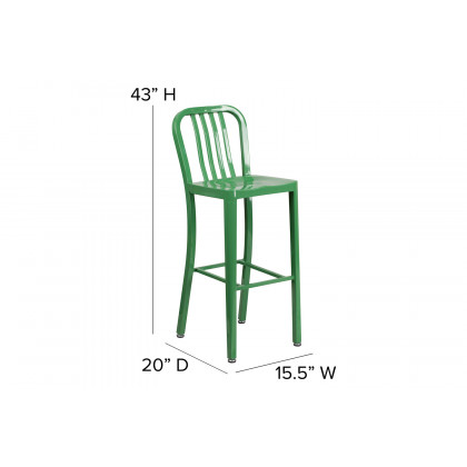 BLNK Gael Commercial Metal Indoor-Outdoor Bar Stool with Vertical Slat Back - Green