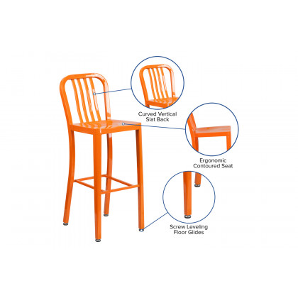 BLNK Gael Commercial Metal Indoor-Outdoor Bar Stool with Vertical Slat Back - Orange