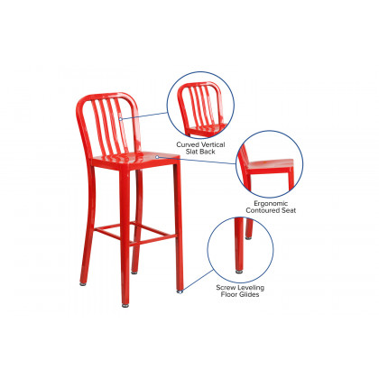 BLNK Gael Commercial Metal Indoor-Outdoor Bar Stool with Vertical Slat Back - Red