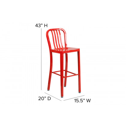 BLNK Gael Commercial Metal Indoor-Outdoor Bar Stool with Vertical Slat Back - Red