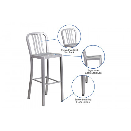 BLNK Gael Commercial Metal Indoor-Outdoor Bar Stool with Vertical Slat Back - Silver
