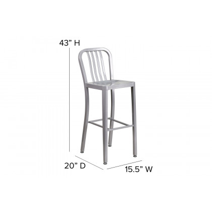 BLNK Gael Commercial Metal Indoor-Outdoor Bar Stool with Vertical Slat Back - Silver