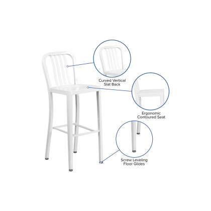 BLNK Gael Commercial Metal Indoor-Outdoor Bar Stool with Vertical Slat Back - White