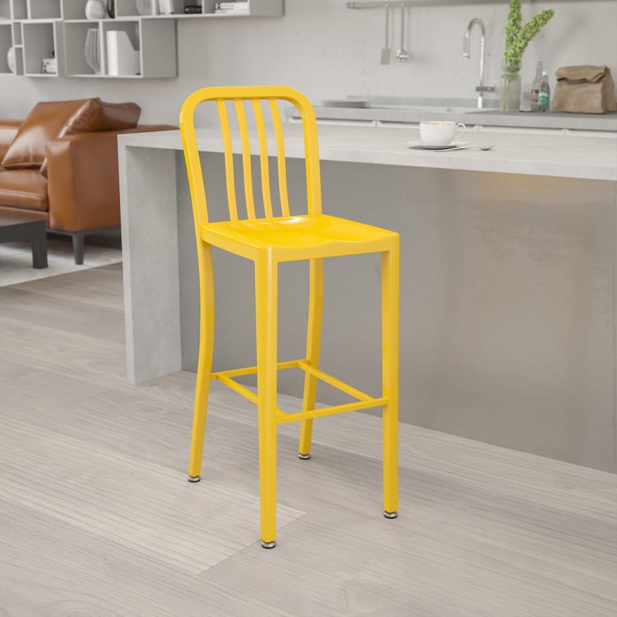 BLNK Gael Commercial Metal Indoor-Outdoor Bar Stool with Vertical Slat Back - Yellow