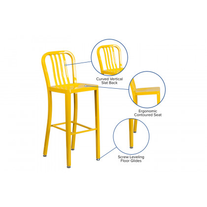 BLNK Gael Commercial Metal Indoor-Outdoor Bar Stool with Vertical Slat Back - Yellow