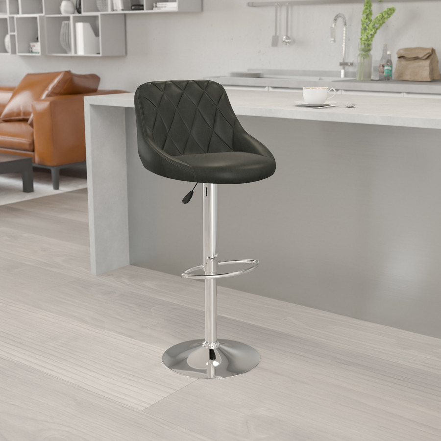 BLNK Dale Contemporary Vinyl Bucket Seat Adjustable Height Bar Stool with Diamond Pattern Back and Chrome Base - Black