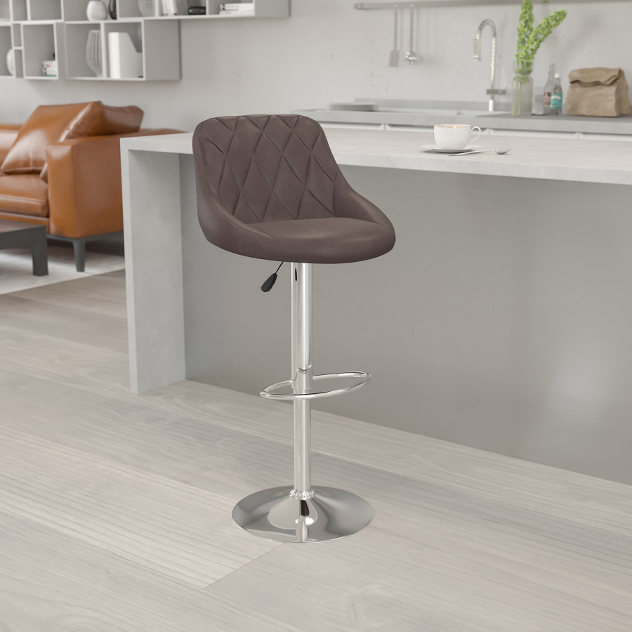 BLNK Dale Contemporary Vinyl Bucket Seat Adjustable Height Bar Stool with Diamond Pattern Back and Chrome Base - Brown