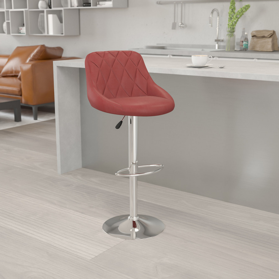 BLNK Dale Contemporary Vinyl Bucket Seat Adjustable Height Bar Stool with Diamond Pattern Back and Chrome Base - Burgundy
