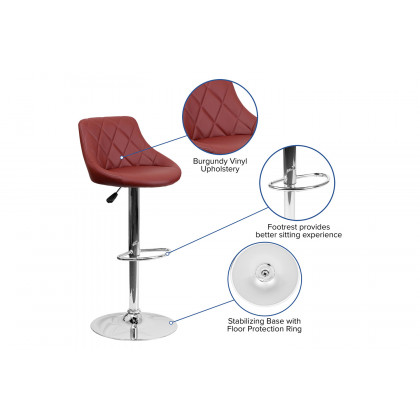 BLNK Dale Contemporary Vinyl Bucket Seat Adjustable Height Bar Stool with Diamond Pattern Back and Chrome Base - Burgundy