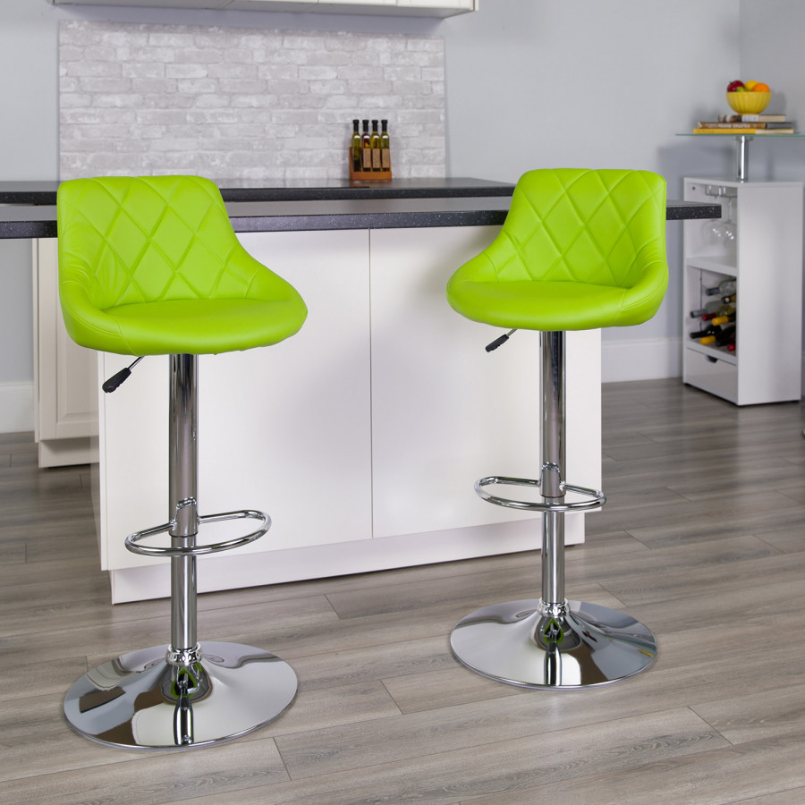BLNK Dale Contemporary Vinyl Bucket Seat Adjustable Height Bar Stool with Diamond Pattern Back and Chrome Base - Green