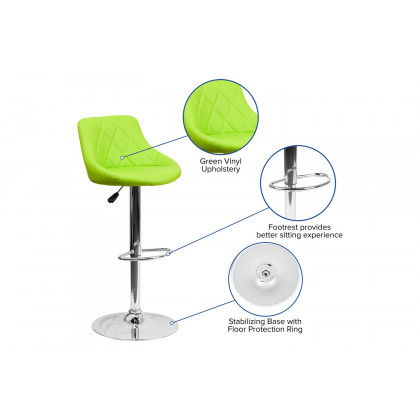 BLNK Dale Contemporary Vinyl Bucket Seat Adjustable Height Bar Stool with Diamond Pattern Back and Chrome Base - Green