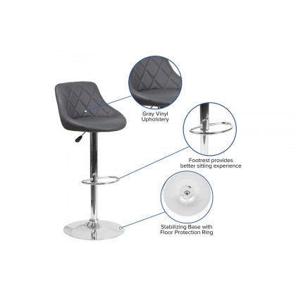 BLNK Dale Contemporary Vinyl Bucket Seat Adjustable Height Bar Stool with Chrome Base - Gray