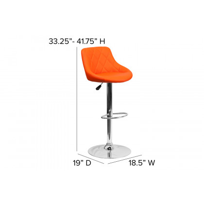 BLNK Dale Contemporary Vinyl Bucket Seat Adjustable Height Bar Stool with Diamond Pattern Back and Chrome Base - Orange