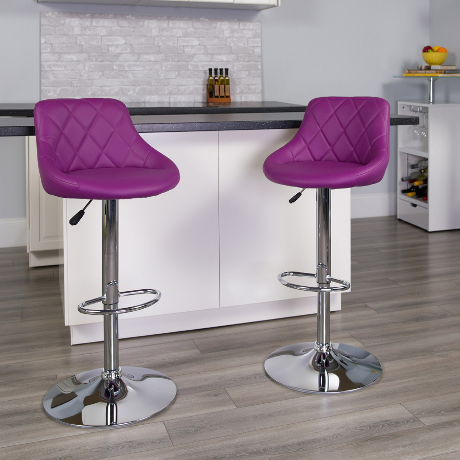 BLNK Dale Contemporary Vinyl Bucket Seat Adjustable Height Bar Stool with Diamond Pattern Back and Chrome Base - Purple