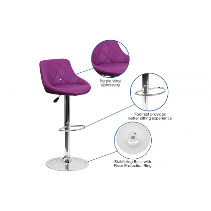 BLNK Dale Contemporary Vinyl Bucket Seat Adjustable Height Bar Stool with Diamond Pattern Back and Chrome Base - Purple