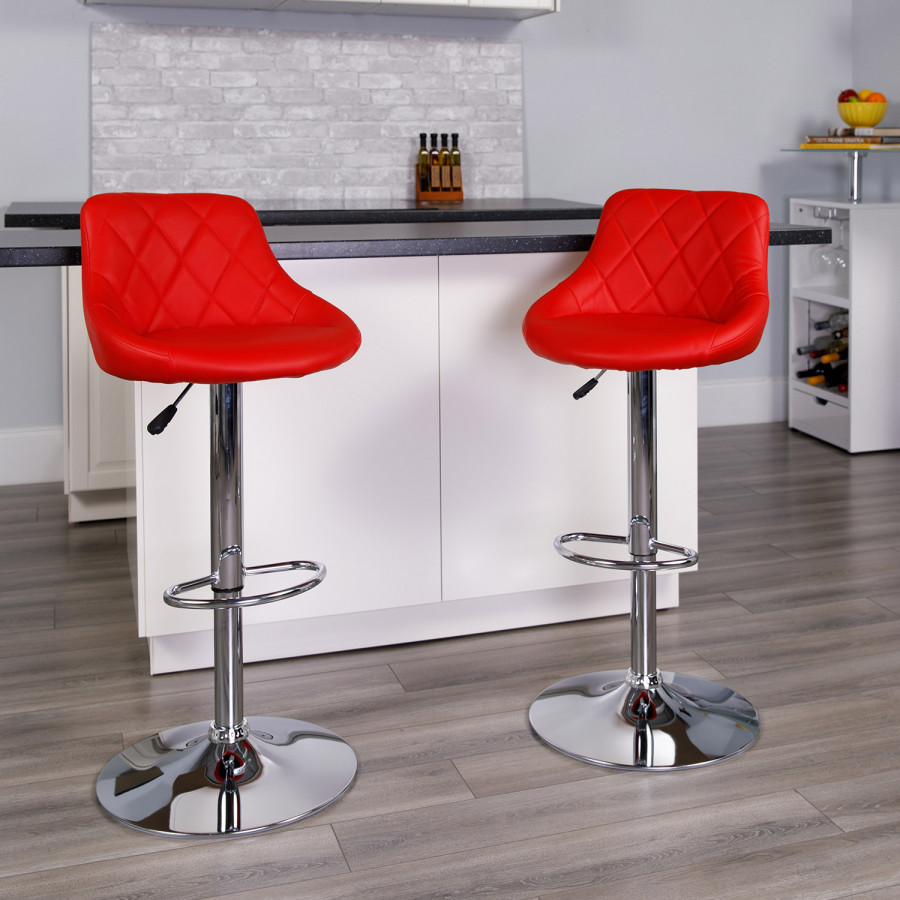 BLNK Dale Contemporary Vinyl Bucket Seat Adjustable Height Bar Stool with Diamond Pattern Back and Chrome Base - Red