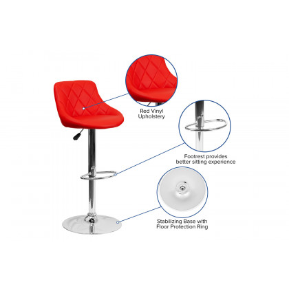 BLNK Dale Contemporary Vinyl Bucket Seat Adjustable Height Bar Stool with Diamond Pattern Back and Chrome Base - Red