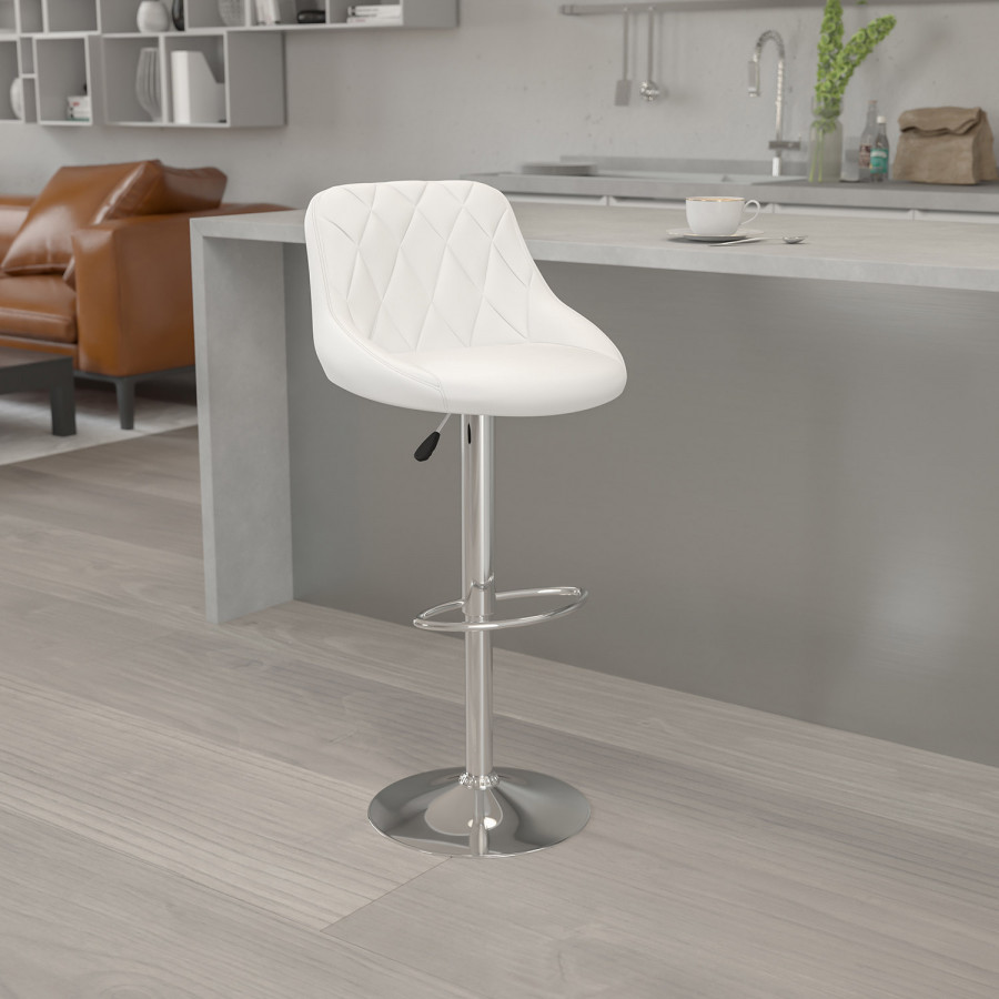 BLNK Dale Contemporary Vinyl Bucket Seat Adjustable Height Bar Stool with Diamond Pattern Back and Chrome Base - White