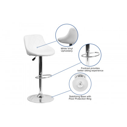 BLNK Dale Contemporary Vinyl Bucket Seat Adjustable Height Bar Stool with Diamond Pattern Back and Chrome Base - White