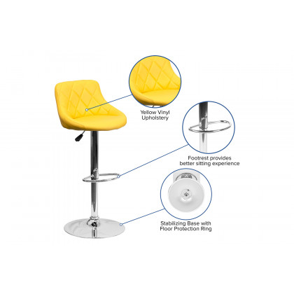 BLNK Dale Contemporary Vinyl Bucket Seat Adjustable Height Bar Stool with Diamond Pattern Back and Chrome Base - Yellow