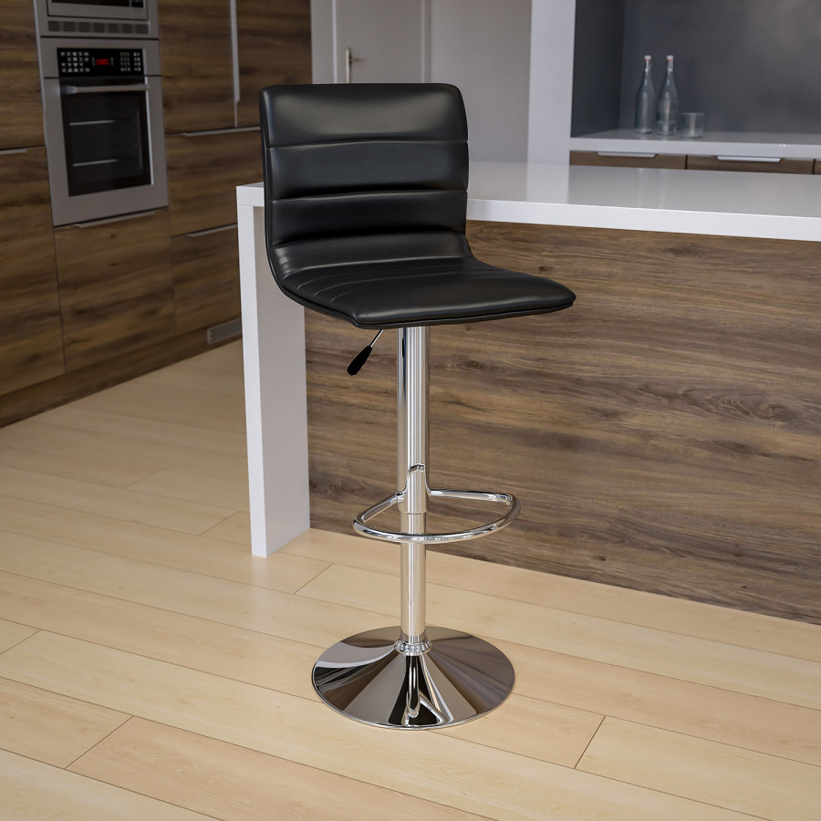 BLNK Vincent Vinyl Adjustable Swivel Bar Stool with Back, Chrome Pedestal Base and Footrest - Black