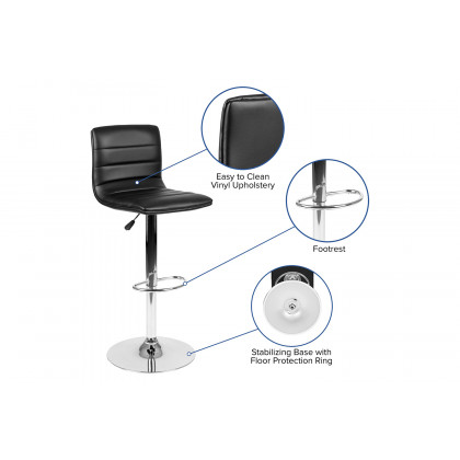 BLNK Vincent Vinyl Adjustable Swivel Bar Stool with Back, Chrome Pedestal Base and Footrest - Black
