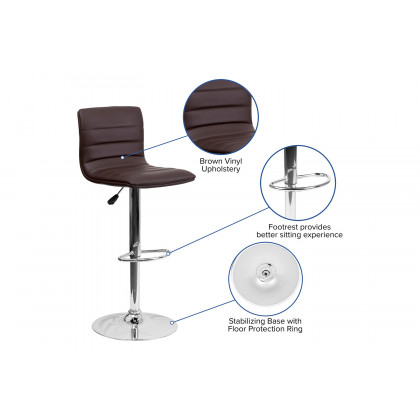 BLNK Vincent Vinyl Adjustable Swivel Bar Stool with Back, Chrome Pedestal Base and Footrest - Brown