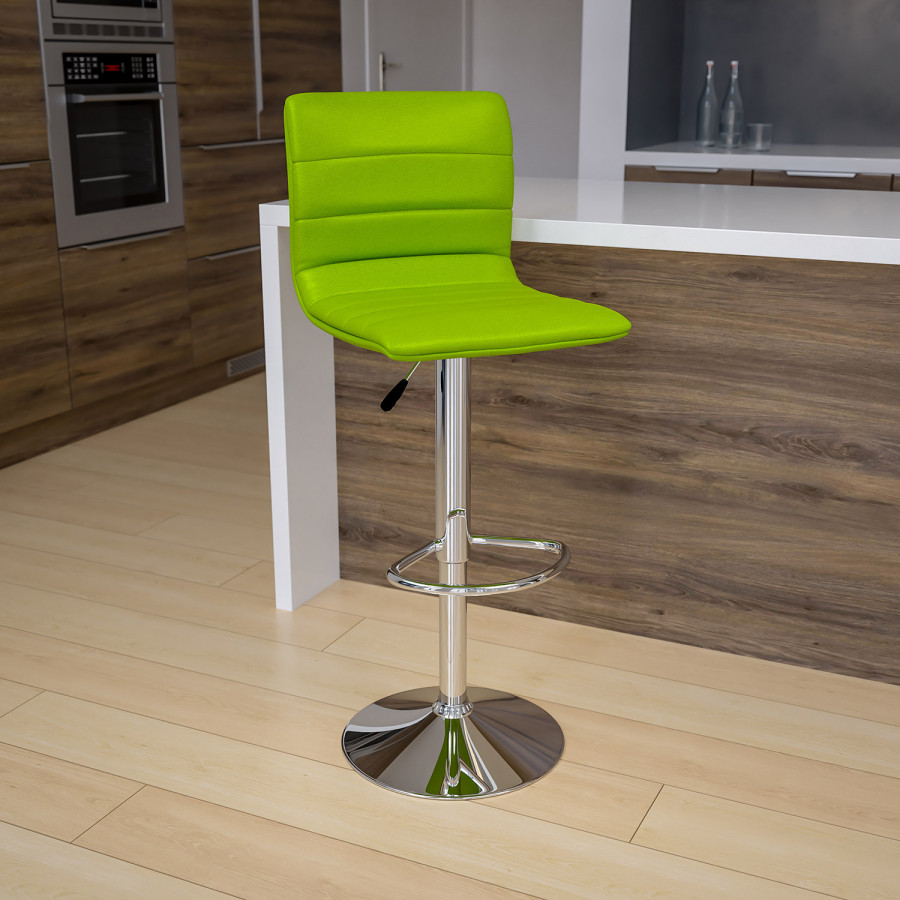 BLNK Vincent Vinyl Adjustable Swivel Bar Stool with Back, Chrome Pedestal Base and Footrest - Green
