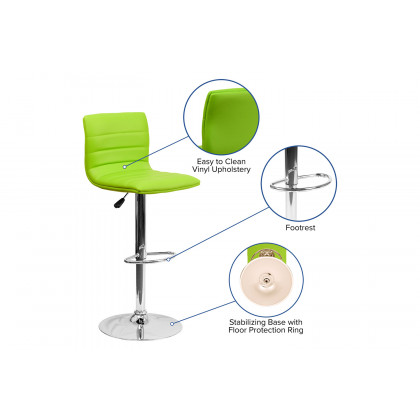 BLNK Vincent Vinyl Adjustable Swivel Bar Stool with Back, Chrome Pedestal Base and Footrest - Green