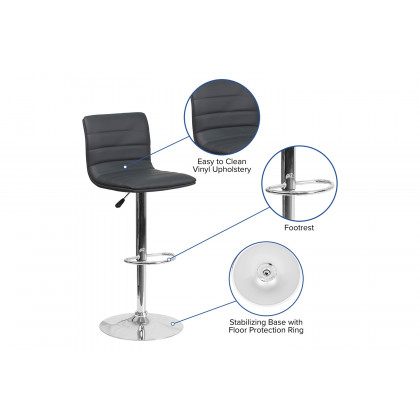 BLNK Vincent Vinyl Adjustable Swivel Bar Stool with Back, Chrome Pedestal Base and Footrest - Gray