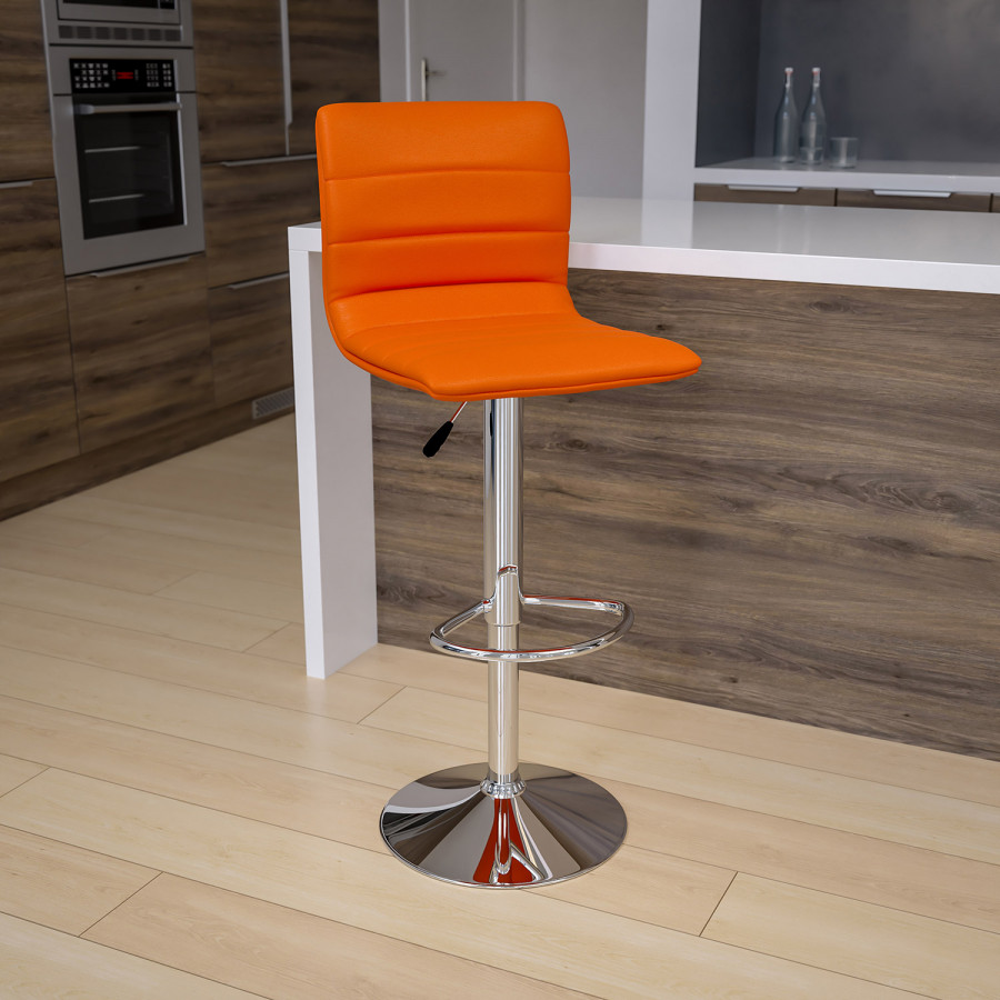 BLNK Vincent Vinyl Adjustable Swivel Bar Stool with Back, Chrome Pedestal Base and Footrest - Orange
