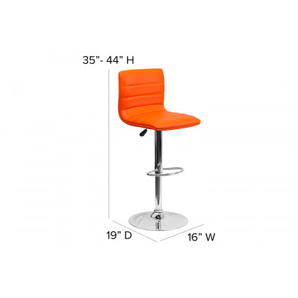 BLNK Vincent Vinyl Adjustable Swivel Bar Stool with Back, Chrome Pedestal Base and Footrest - Orange