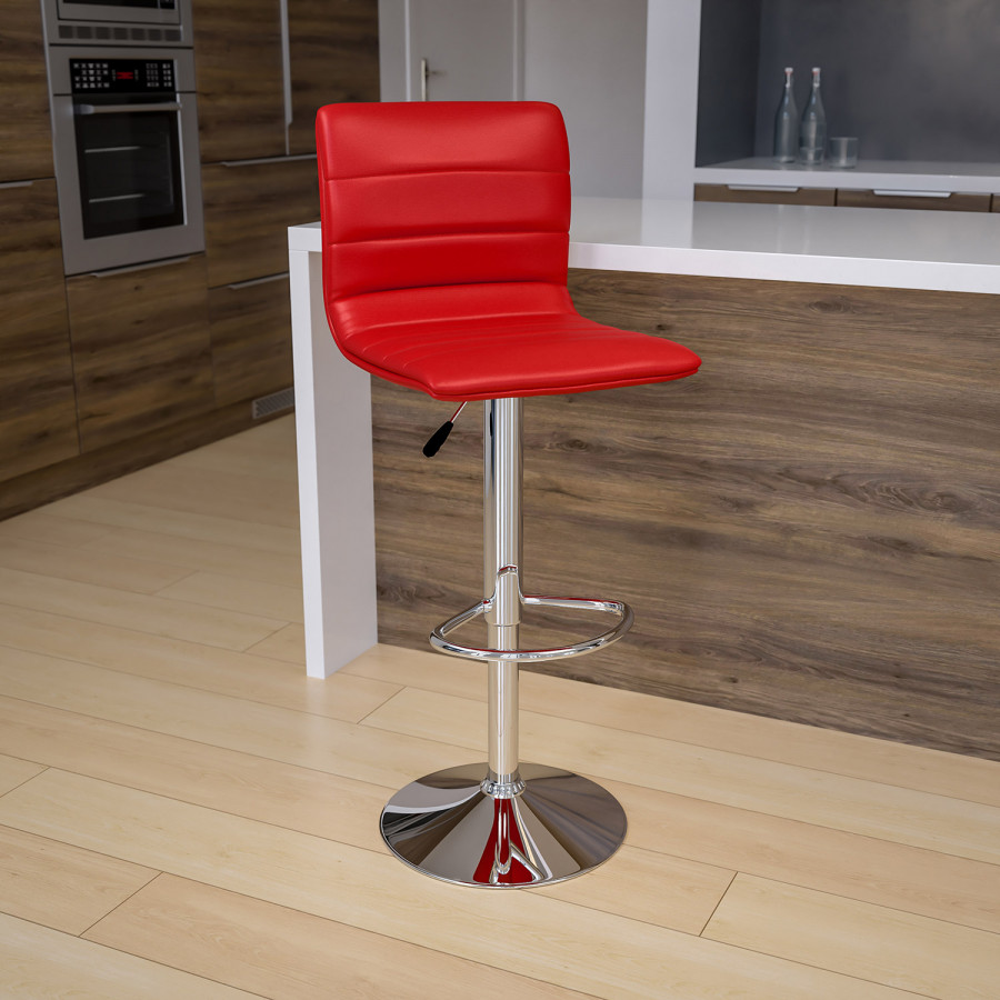 BLNK Vincent Vinyl Adjustable Swivel Bar Stool with Back, Chrome Pedestal Base and Footrest - Red