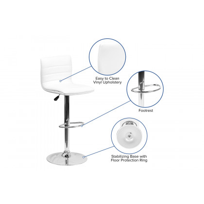 BLNK Vincent Vinyl Adjustable Swivel Bar Stool with Back, Chrome Pedestal Base and Footrest - White