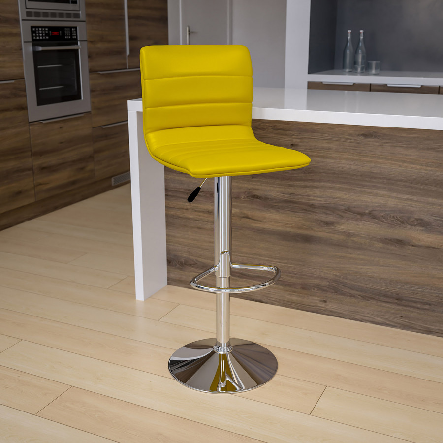 BLNK Vincent Vinyl Adjustable Swivel Bar Stool with Back, Chrome Pedestal Base and Footrest - Yellow
