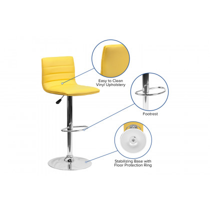 BLNK Vincent Vinyl Adjustable Swivel Bar Stool with Back, Chrome Pedestal Base and Footrest - Yellow