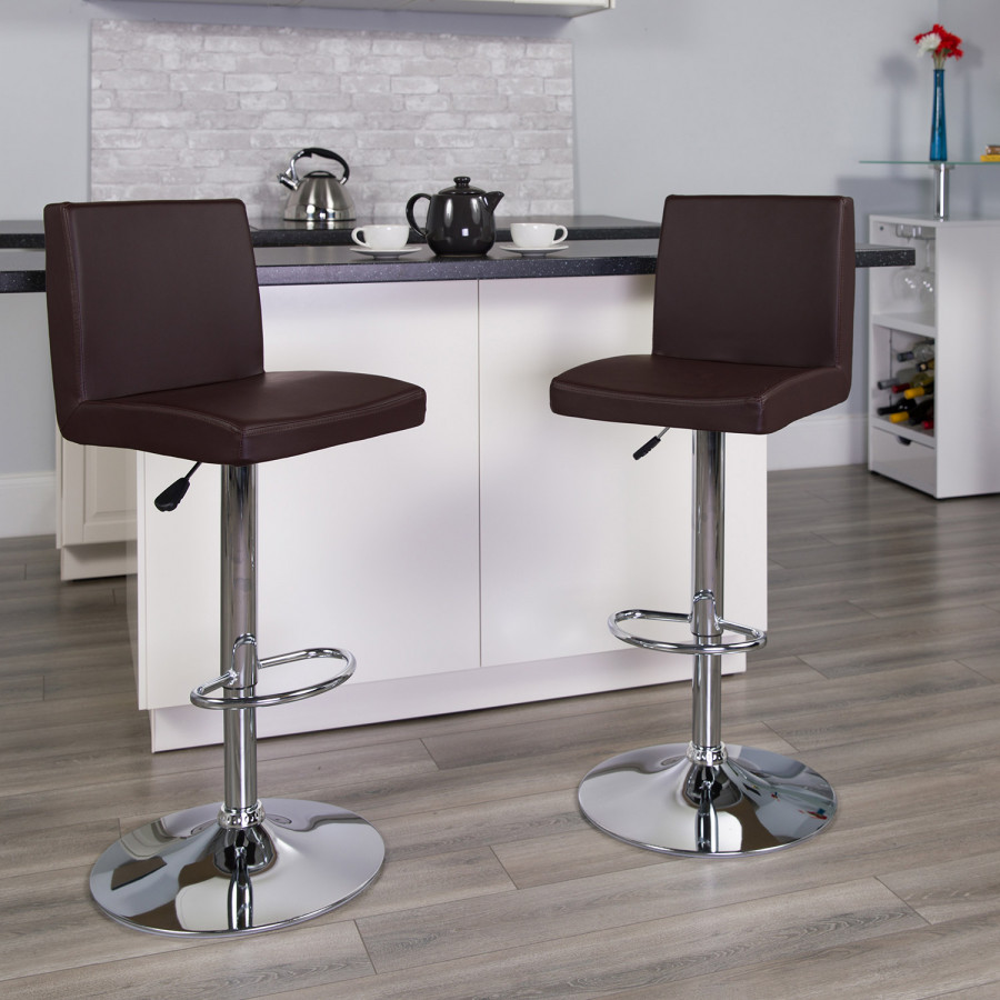 BLNK Contemporary Vinyl Adjustable Height Bar Stool with Panel Back and Chrome Base - Brown