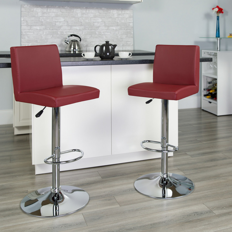 BLNK Betty Vinyl Adjustable Height Bar Stool with Panel Back and Chrome Base - Burgundy