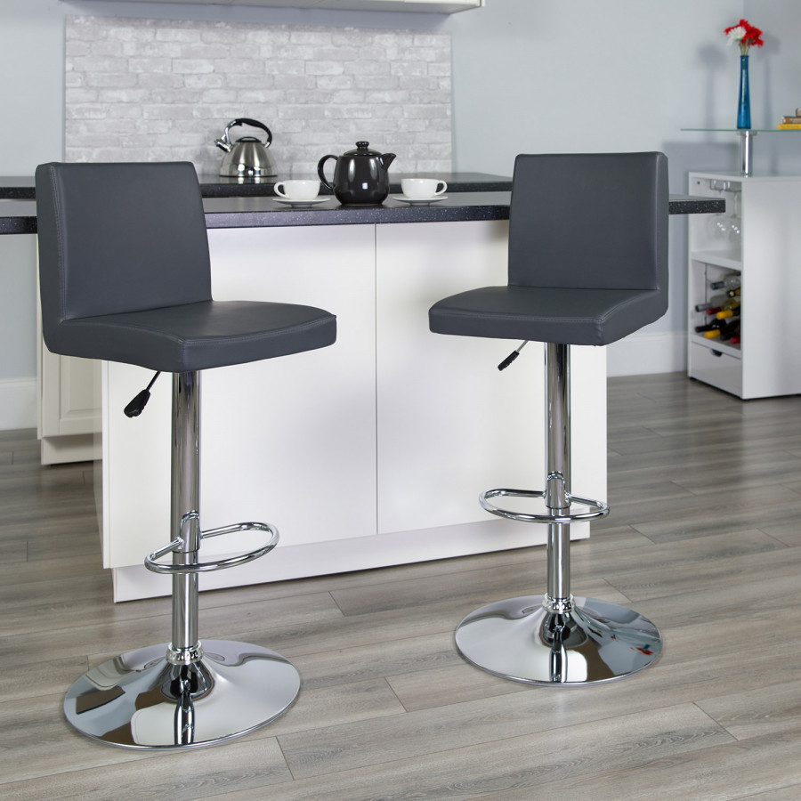 BLNK Betty Vinyl Adjustable Height Bar Stool with Panel Back and Chrome Base - Gray