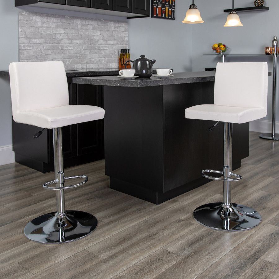 BLNK Betty Vinyl Adjustable Height Bar Stool with Panel Back and Chrome Base - White