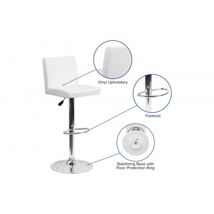 BLNK Betty Vinyl Adjustable Height Bar Stool with Panel Back and Chrome Base - White