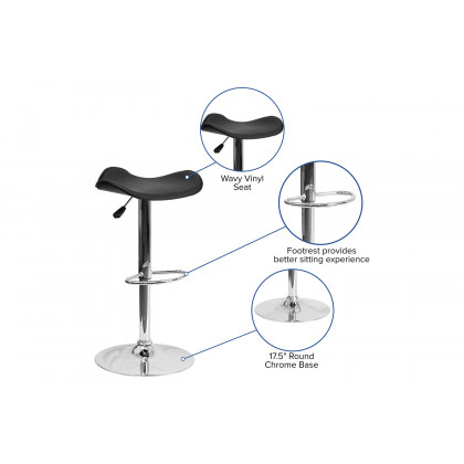 BLNK Caleb Vinyl Adjustable Height Bar Stool with Wavy Seat and Chrome Base - Black