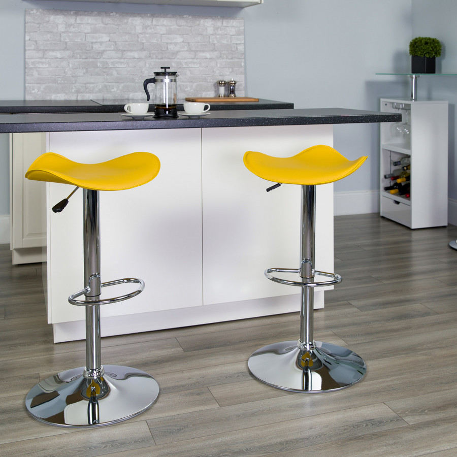 BLNK Caleb Vinyl Adjustable Height Bar Stool with Wavy Seat and Chrome Base - Yellow