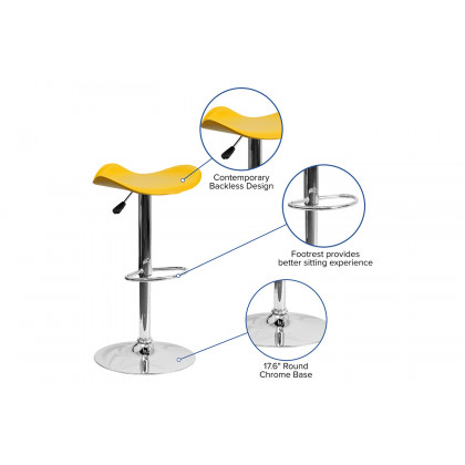 BLNK Caleb Vinyl Adjustable Height Bar Stool with Wavy Seat and Chrome Base - Yellow