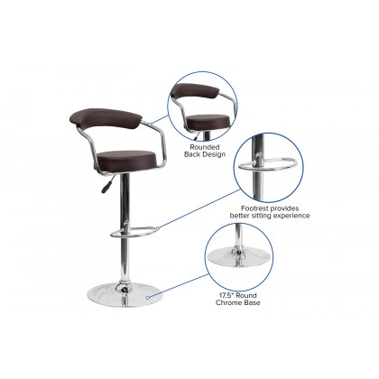 BLNK Cruz Vinyl Adjustable Height Bar Stool with Arms and Chrome Base - Brown