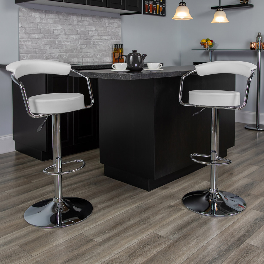 BLNK Cruz Vinyl Adjustable Height Bar Stool with Arms and Chrome Base - White