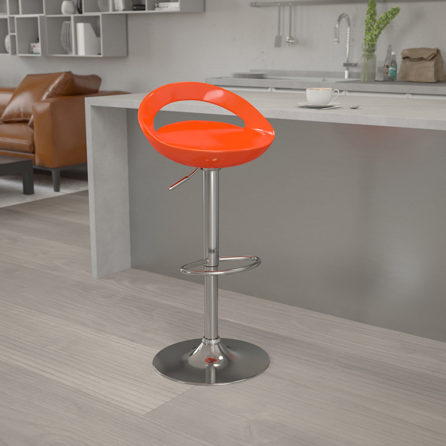 BLNK Dash Plastic Adjustable Height Bar Stool with Rounded Cutout Back and Chrome Base - Orange